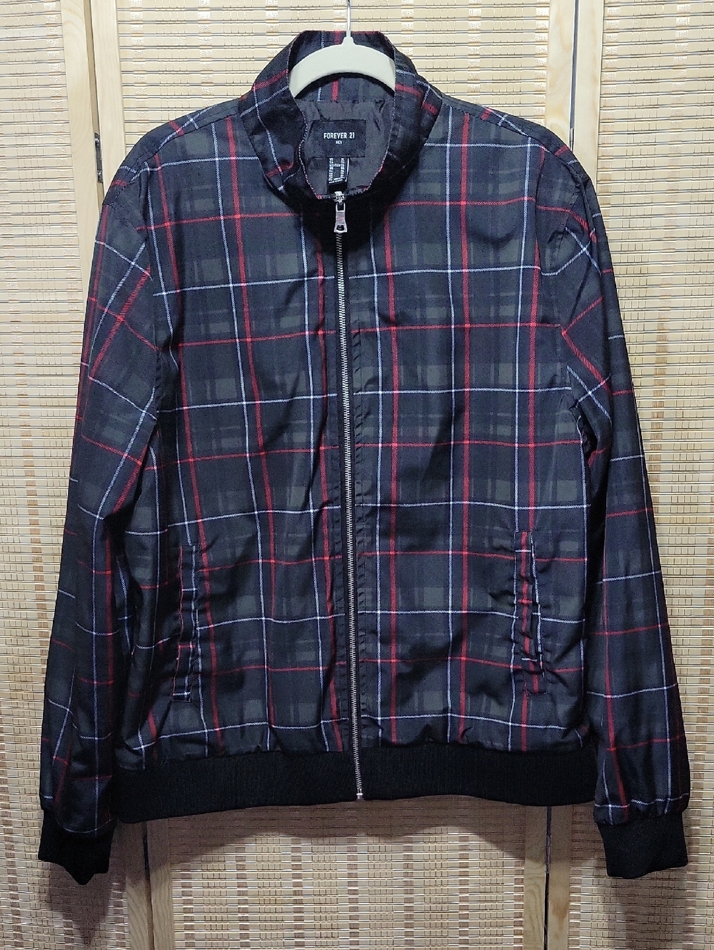 Forever 21 Men Plaid Lined Windbreaker Jacket - Black/White/Red - size XL